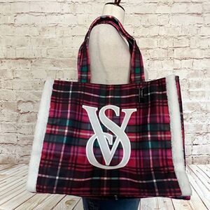Victorias Secret plaid flannel Sherpa tote bag